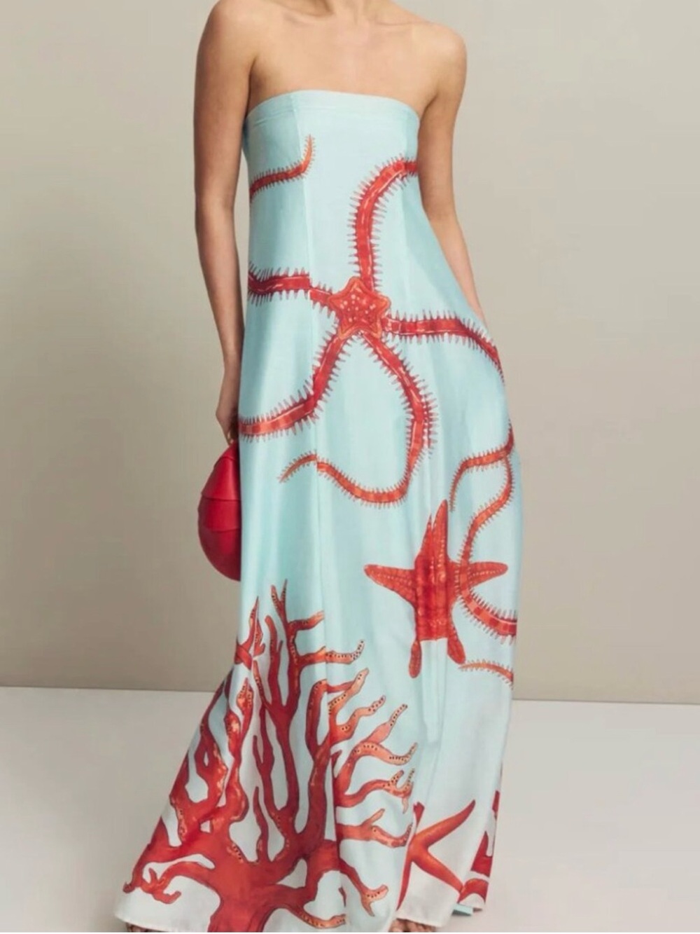 Muma World Ursa Strapless Coral Motif Maxi Dress - Light Blue